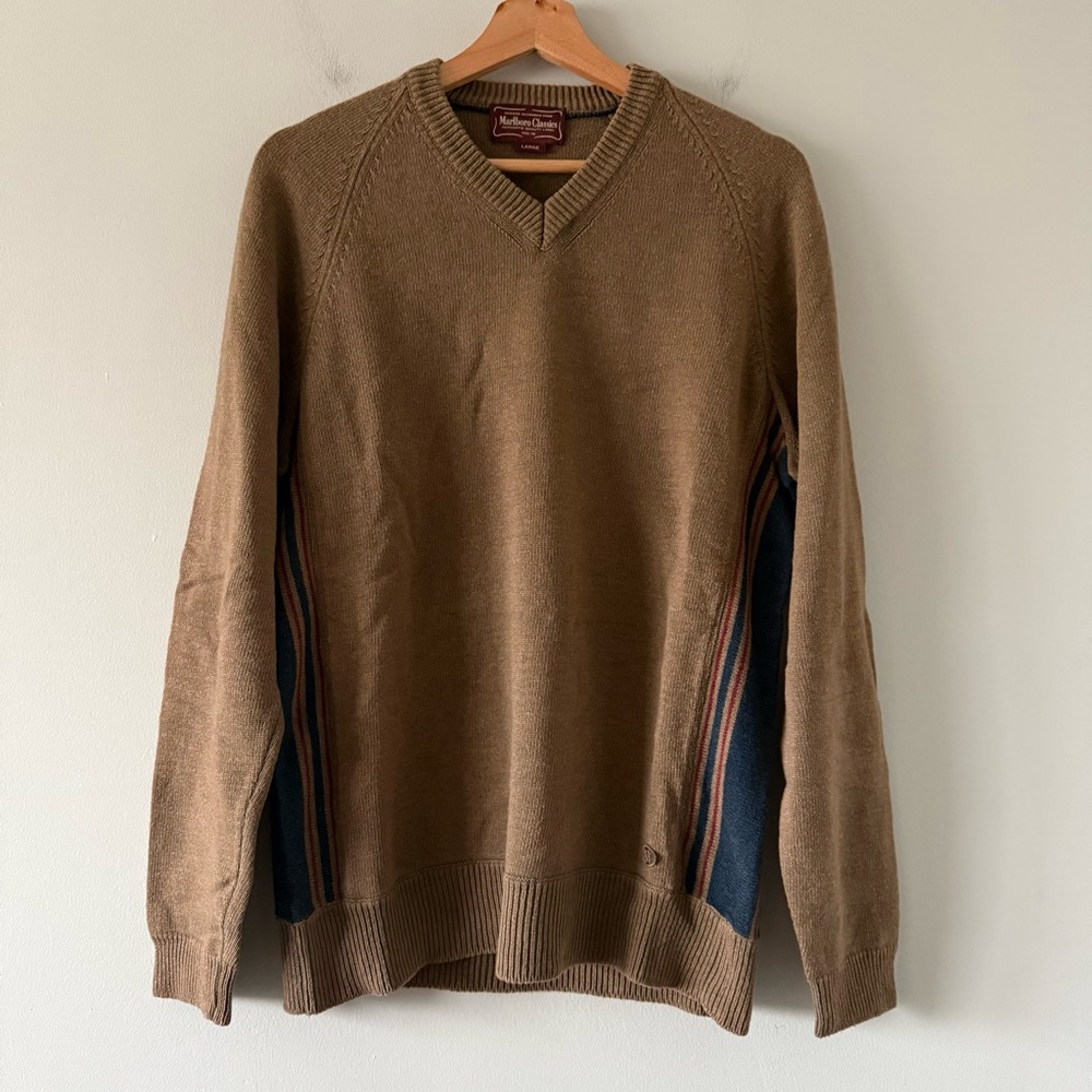 Vintage Marlboro Classics Sweater Jumper Mens L Wool Blend Brown V Neck Outdoor